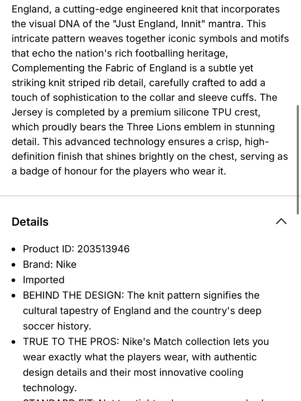 Nike England Youth Large White Home Football Jersey